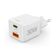 HAMA Бързо мини Gan зарядно, 30 W, 1x USB-C, 1x USB-A, PD, бял
