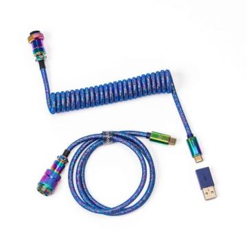 Кабел за клавиатура Keychron Colorful Premium Coiled Angled, USB-C - USB-C, Rainbow Plated Blue