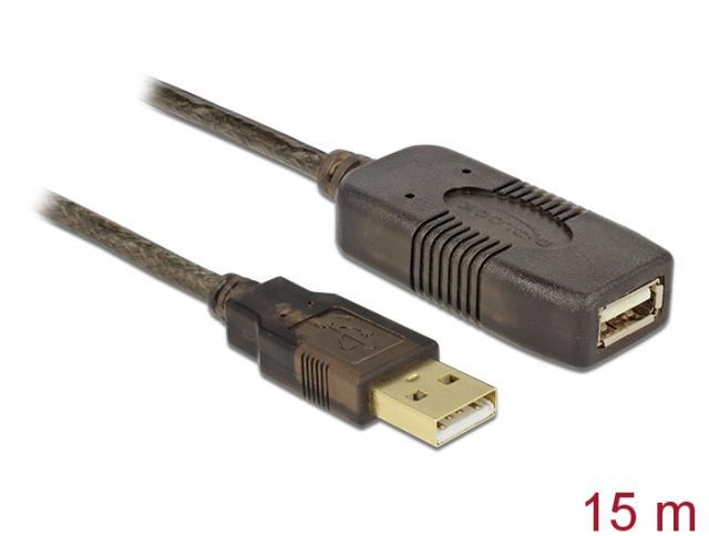 Удължителен кабел DeLock, USB-A женско - USB-A мъжко, USB 2.0, 15 м, Черен