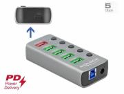USB хъб Type-C Delock, 7-портов 4 x USB-A, 1 Fast Charging Port, 1 x USB-B, 1 x USB-C PD, Подсветка, Сив