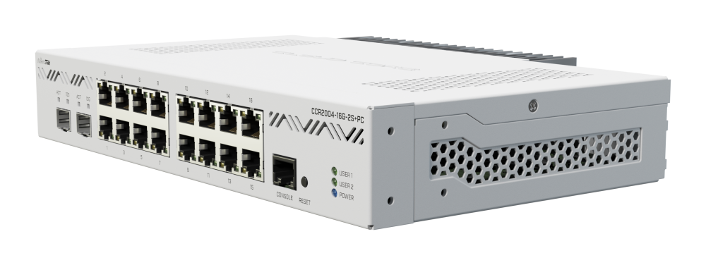 Комутатор Mikrotik CCR2004-16G-2S+PC с 16 Gigabit порта и 2 SFP+ порта