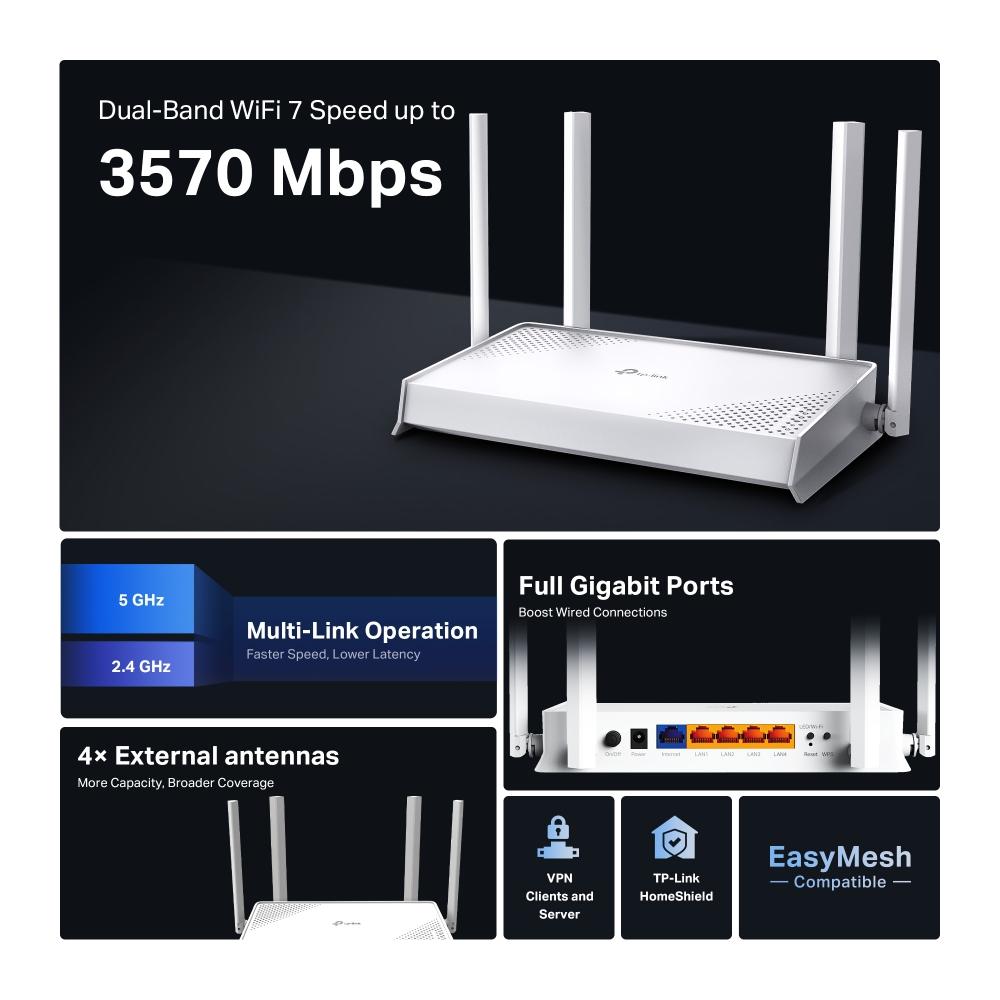 Рутер Wi-Fi 7 TP-Link Archer BE220W BE7200 2-лентов