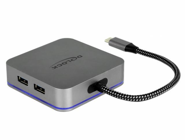 Докинг станция Delock, USB-A, USB-C, HDMI, Gigabit LAN, PD, Подсветка, Сива