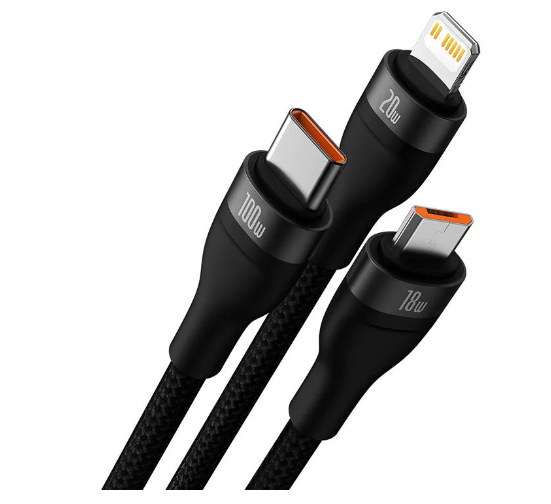 Кабел Baseus CASS030201 3в1 Flash Series USB към USB-C + micro USB + Lightning 100W 1.5м черен