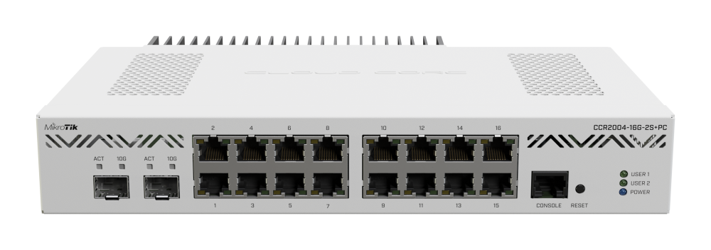 Комутатор Mikrotik CCR2004-16G-2S+PC с 16 Gigabit порта и 2 SFP+ порта