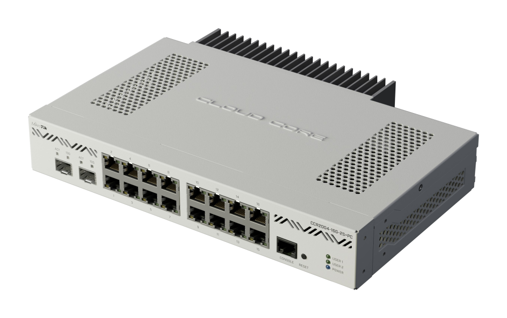 Комутатор Mikrotik CCR2004-16G-2S+PC с 16 Gigabit порта и 2 SFP+ порта