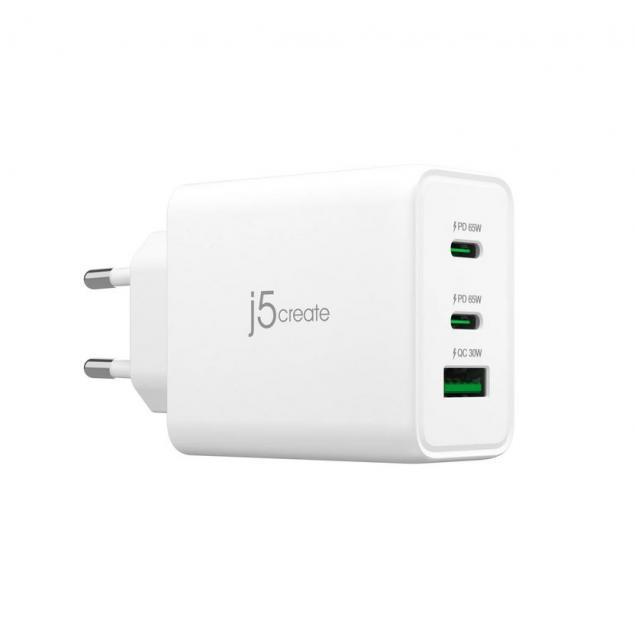 Мрежово зарядно 220V  j5create JUP3365E 65W, 3 порта, USB-C, USB-A
