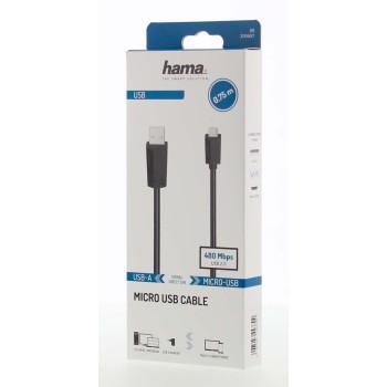 Кабел HAMA USB 2.0- micro USB, Позлатени конектори, 0.75 м., 480 Mbit / сек, Черен