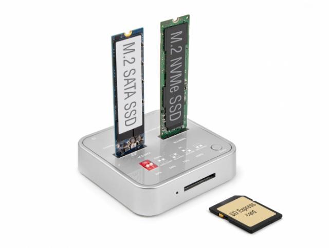 Докинг станция Delock, 1 x M.2 NVMe SSD + 1 x M.2 SATA SSD, SD Express Card Reader, Клониране