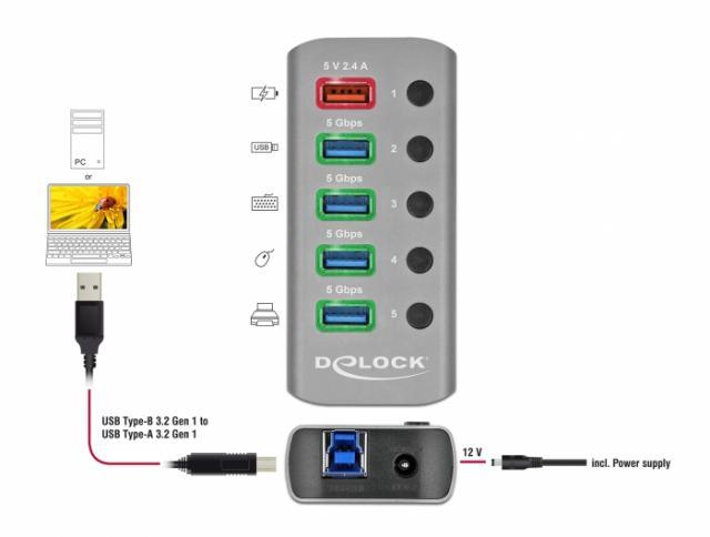 USB хъб Delock 3.2 Gen 1, 4 x USB-A, 1 Fast Charging Port, 1 x USB-B, Подсветка, Сив