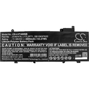 Батерия за лаптоп CAMERON SINO, За LENOVO ThinkPad T480s, L17L3P71, 11.58V, 4600mAh