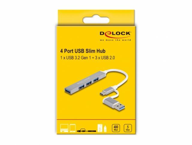 USB хъб Delock, USB-C / USB-A - 3 x USB-A 2.0 + 1 x USB-A 5 Gbps