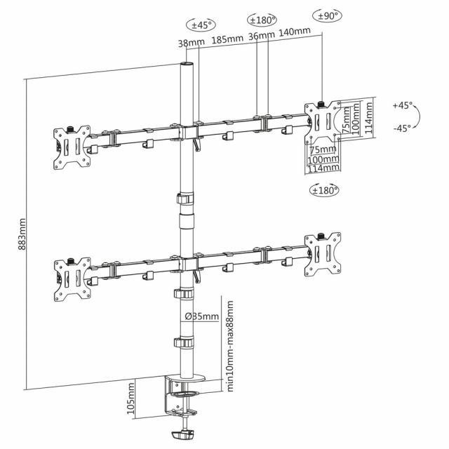 Стойка за 4 монитора ACT AC8304, За бюро, Регулируема, 32", 8 кг, Черна