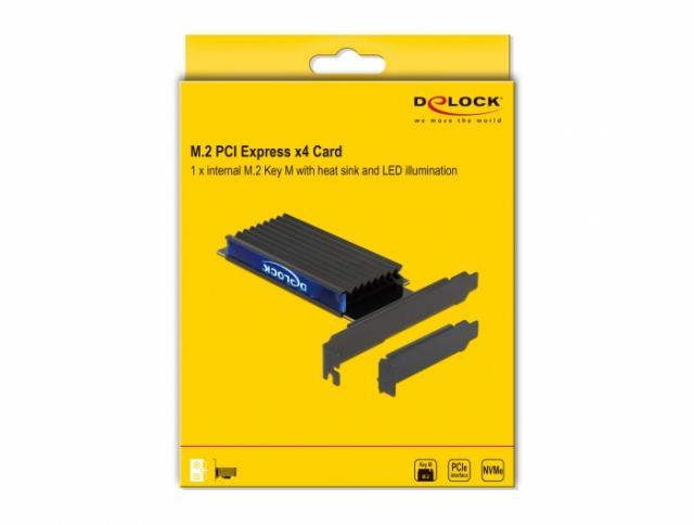 Карта за разширение на слотове Delock, PCI Express x4 към 1 x internal NVMe M.2 Key M, RGB LED, Low Profile