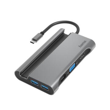 Докинг станция 7 в 1 HAMA, 3x USB-A 3.2, HDMI™, VGA, LAN/Ethernet, USB-C (PD), Сива