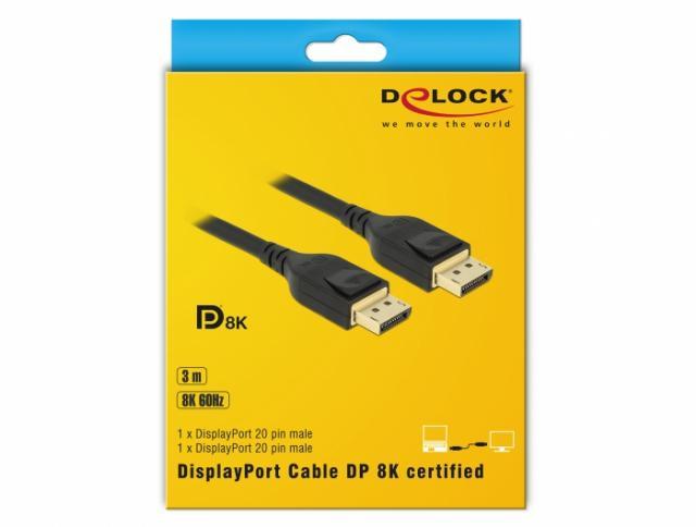 Кабел Delock, DisplayPort мъжко - DisplayPort мъжко, 3.0м, 8K 60 Hz, Черен