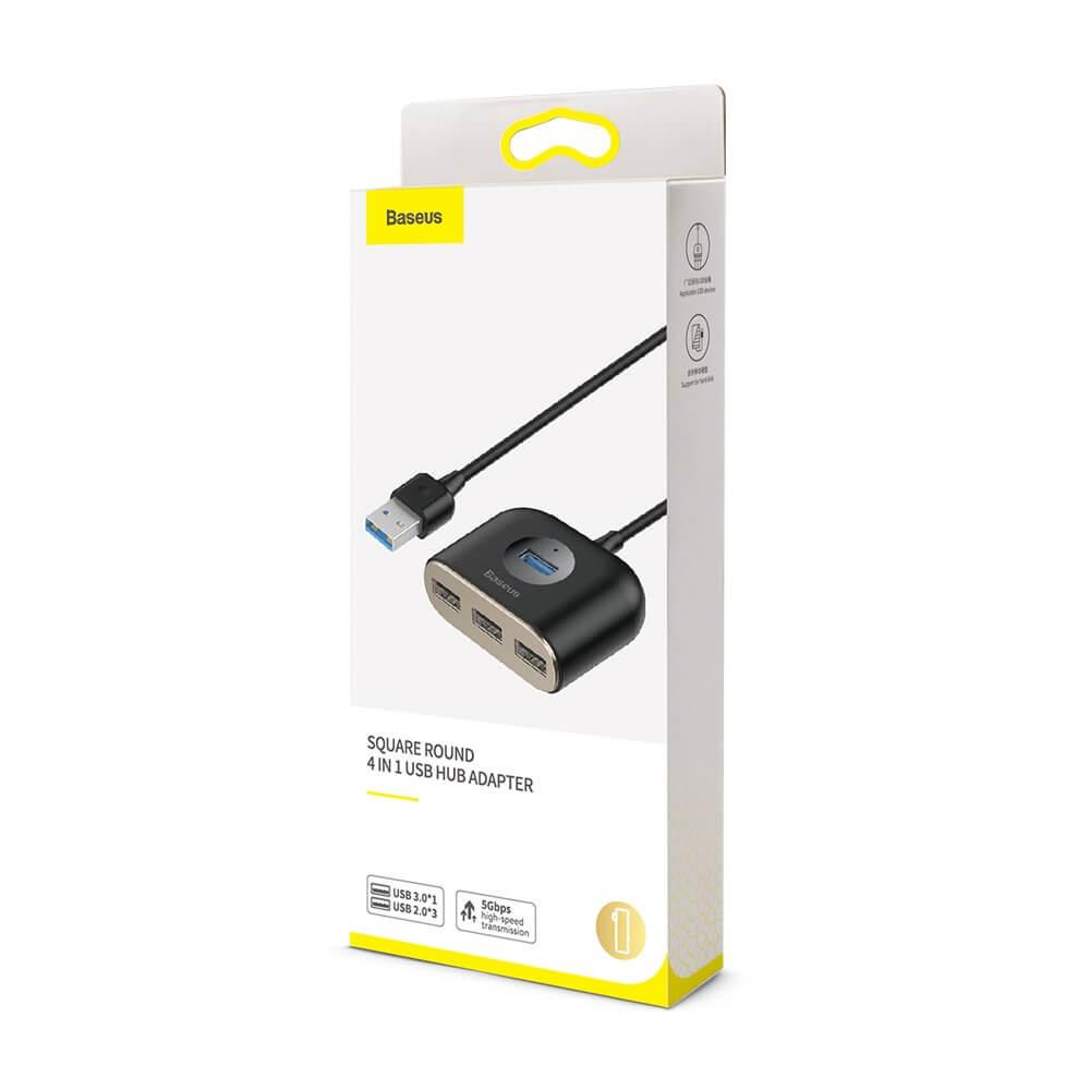 USB хъб Baseus Square round 4 в 1 с 3х USB 2.0, 1х USB 3.0 порта, черен