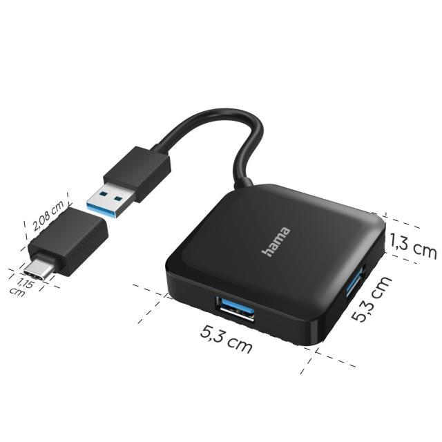 USB хъб HAMA, USB-А 4-портов, USB 3.2 Gen 1, 5 Gbit/s, USB-C адаптер, Черен