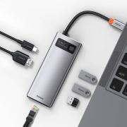 USB хъб Baseus Type-C 6 в 1 с 3х USB 3.0, 1х HDMI, 1х RJ45, 1х USB-C порта, сив