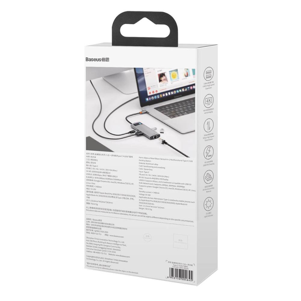 USB хъб Baseus Type-C 6 в 1 с 3х USB 3.0, 1х HDMI, 1х RJ45, 1х USB-C порта, сив