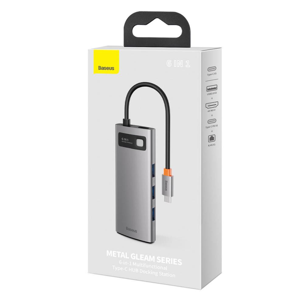 USB хъб Baseus Type-C 6 в 1 с 3х USB 3.0, 1х HDMI, 1х RJ45, 1х USB-C порта, сив
