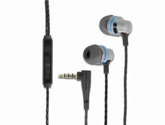 Слушалки DeLock 27183, In-Ear, 3.5 mm жак, Микрофон, Управление на звука, Черен/Сив