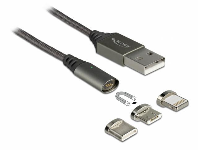 Кабел за зареждане Delock  3 в 1, USB-A мъжко - 8 Pin / Micro USB / USB Type-C, 1м, Черен