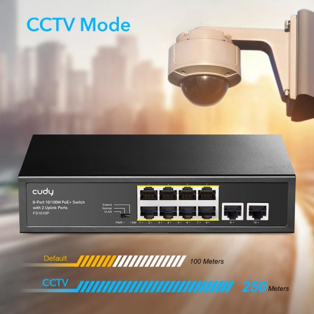 Суич Cudy FS1010P, 8 портов, 10/100, PoE+ Switch 120W, 2 x Uplink порта