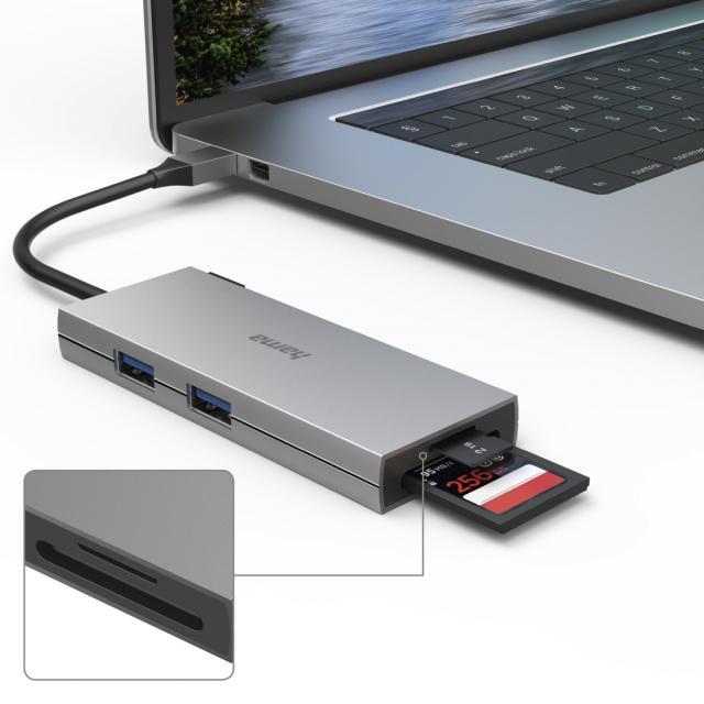 6-портов хъб USB-C HAMA Multiport, 2 x USB-A, USB-C, HDMI, SD, microSD, Сив