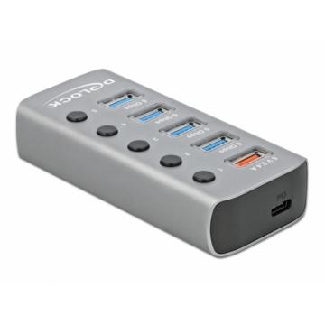 USB хъб Type-C Delock, 7-портов 4 x USB-A, 1 Fast Charging Port, 1 x USB-B, 1 x USB-C PD, Подсветка, Сив