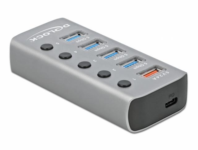 USB хъб Type-C Delock, 7-портов 4 x USB-A, 1 Fast Charging Port, 1 x USB-B, 1 x USB-C PD, Подсветка, Сив