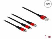 Кабел за зареждане Delock  3 в 1, USB - Lightning/ Micro USB/ USB-C, 1м, Черен/Червен