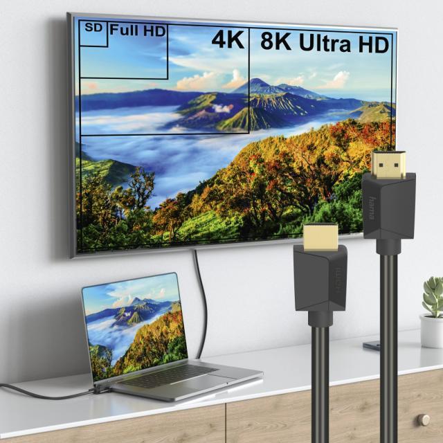 Кабел HAMA 205243, HDMI мъжко - HDMI мъжко, 8K, 48GB/s, Ethernet , 3 м, Позл. конектори, Черен