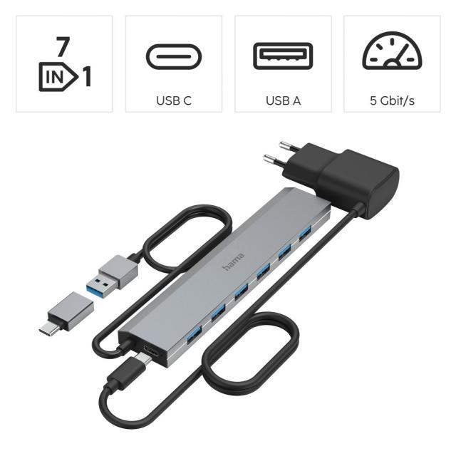 HAMA 7-портов хъб, USB 3.2 Gen 1, 5 Gbit/s, вкл. USB-C адаптер, авт.захранване