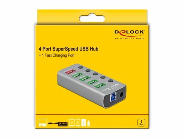 USB хъб Delock 3.2 Gen 1, 4 x USB-A, 1 Fast Charging Port, 1 x USB-B, Подсветка, Сив