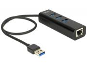 USB хъб Delock, 3 x USB 3.0 + 1 порт Gigabit LAN, Черен