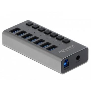 USB хъб Delock 7 x USB-A, 1 x USB-B, 5 Gbps, Превключвател, LED индикатор, Сив