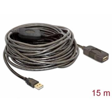 Удължителен кабел DeLock, USB-A женско - USB-A мъжко, USB 2.0, 15 м, Черен