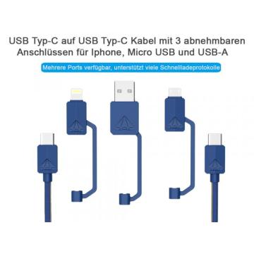 Комбиниран кабел за бързо зареждане Type-C- Micro USB/ Lightning/ USB-A син цвят   PDC-3  XTAR