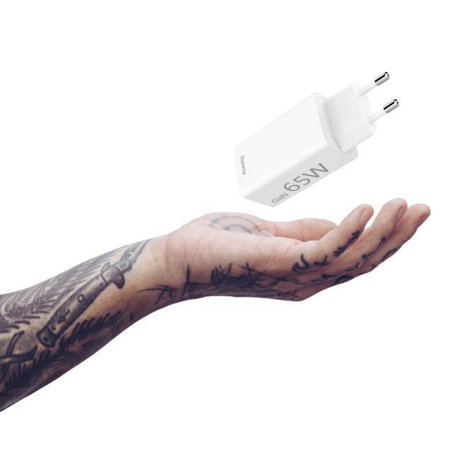 Бързо мини заряднo HAMA GaN, 1x USB-C PD, 1x USB-A QC, 65 W, бял