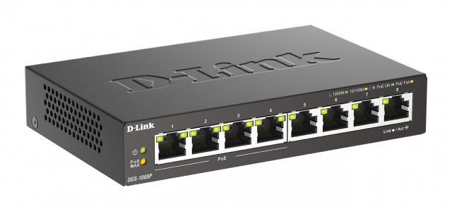Суич D-Link DGS-1008P, 4x PoE + 4 x стандартни, 10/100/1000, Gigabit, 