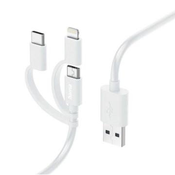 Кабел HAMA 3 в 1, USB-A - Micro-USB, USB-C и Lightning, 1.0 м., Бял