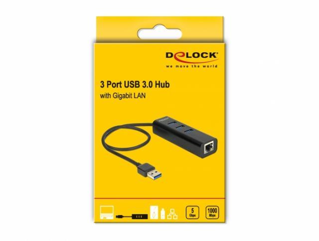 USB хъб Delock, 3 x USB 3.0 + 1 порт Gigabit LAN, Черен