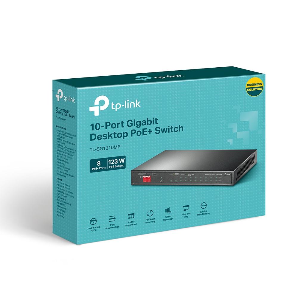 10-портов настолен гигабитен комутатор TP-Link TL-SG1210MP с 8-PoE+ порта и gigabit combo SFP/RJ45 порт