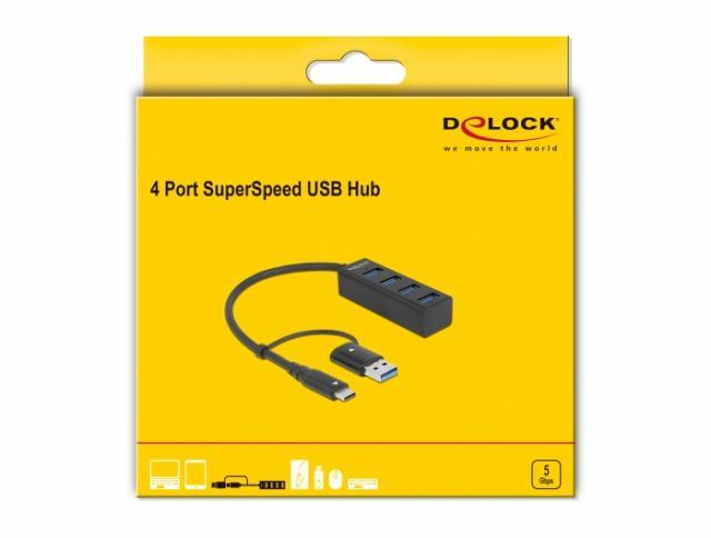 USB хъб Delock, 3.2 Gen 1, 4 x USB-A, USB-C, USB-A конектор, Черен
