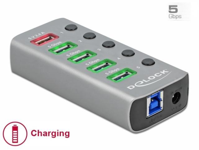 USB хъб Delock 3.2 Gen 1, 4 x USB-A, 1 Fast Charging Port, 1 x USB-B, Подсветка, Сив