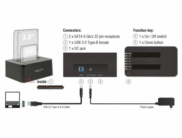 Външна докинг станция Delock 62661, за 2.5"/3.5" HDD/SSD, USB 3.0, Функция за клониране, Черен