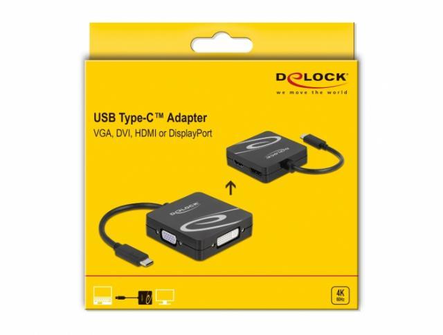 Адаптер 4 в 1 Delock 63129 USB-C мъжко - VGA / DVI / DP / HDMI женско, Черен