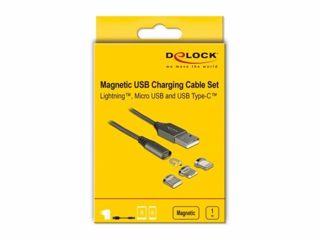 Кабел за зареждане Delock  3 в 1, USB-A мъжко - 8 Pin / Micro USB / USB Type-C, 1м, Черен