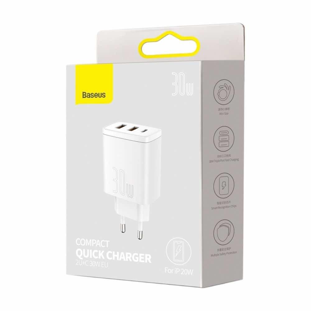 Зарядно устройство Baseus CCXJ-E02 Compact Quick Wall Charger с 2хUSB-A и USB-C 30W бял